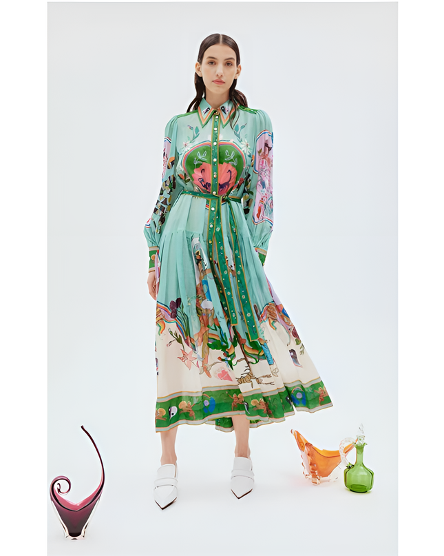 Marisela İllüstratif Desenli Kuşaklı Gömlek Elbise