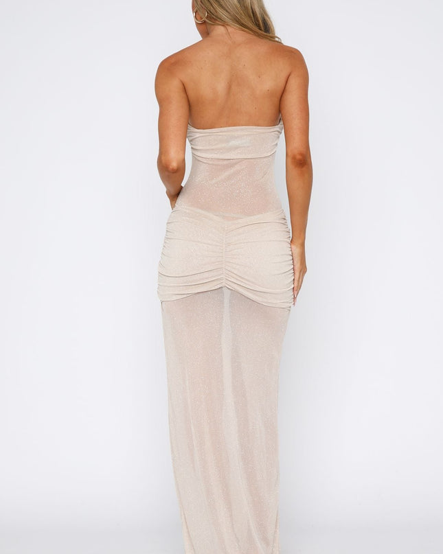 Zarif Işıltı Straplez Simli Maxi Elbise - Şampanya