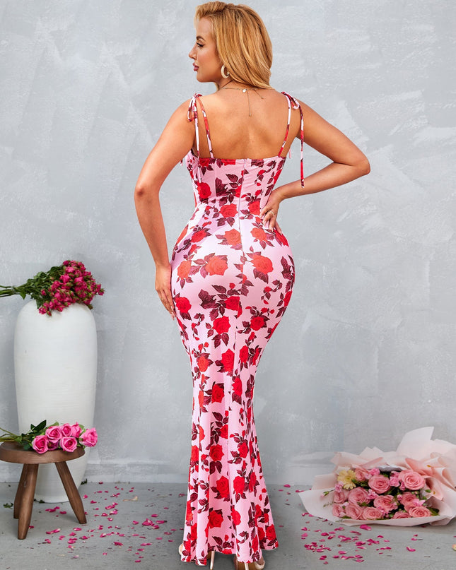 Bağcık Detaylı Askılı Çiçek Desenli Uzun Elbise