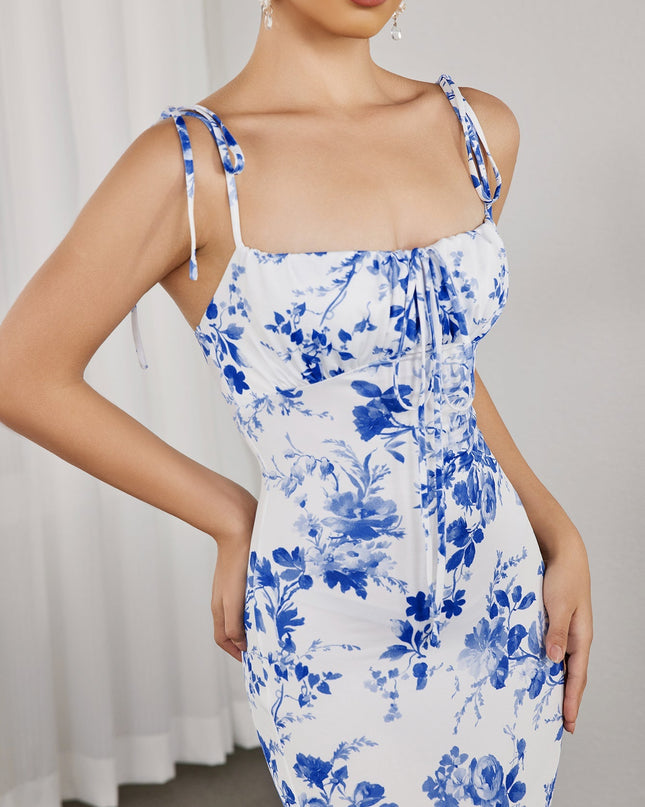 Bağcık Detaylı Askılı Çiçek Desenli Uzun Elbise