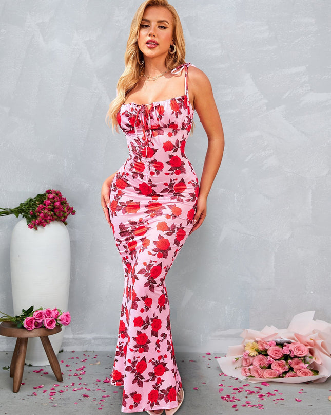 Bağcık Detaylı Askılı Çiçek Desenli Uzun Elbise