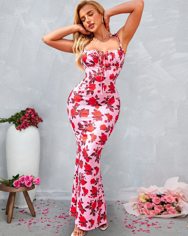 Bağcık Detaylı Askılı Çiçek Desenli Uzun Elbise