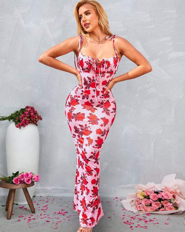 Bağcık Detaylı Askılı Çiçek Desenli Uzun Elbise