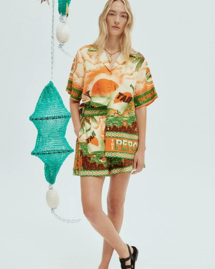 Léocadie Kısa Kollu Gün Batımı Baskılı Şort Takımı