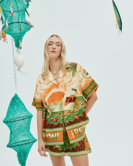 Léocadie Kısa Kollu Gün Batımı Baskılı Şort Takımı