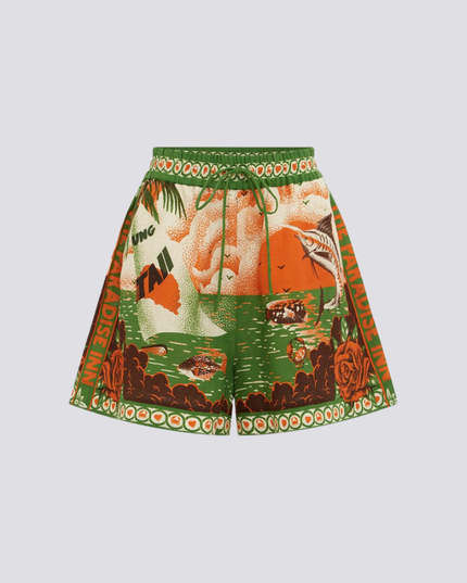 Léocadie Kısa Kollu Gün Batımı Baskılı Şort Takımı