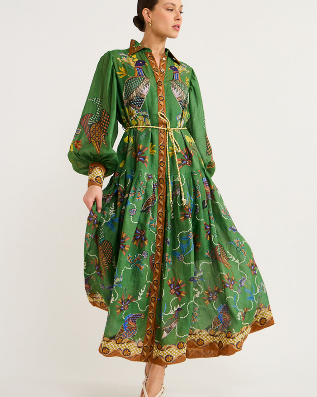 Marcella Balon Kol Hayvan Desenli Uzun Elbise