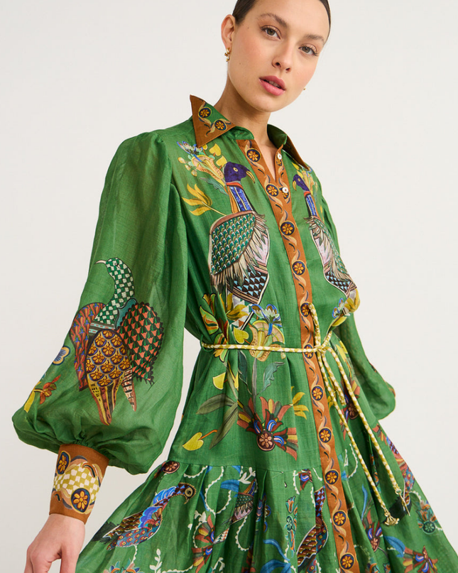 Marcella Balon Kol Hayvan Desenli Uzun Elbise