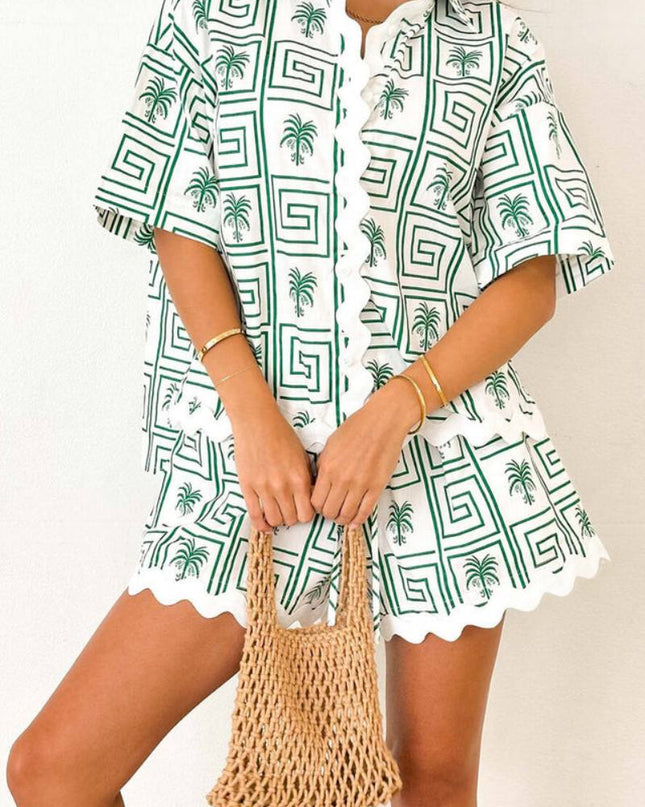 Gömlek Yaka Yaz Botanik Baskı Tatil Günlük Takım