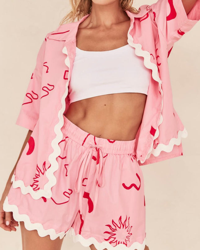 Kısa Kollu Baskılı Tatil Günlük İki Parçalı Set