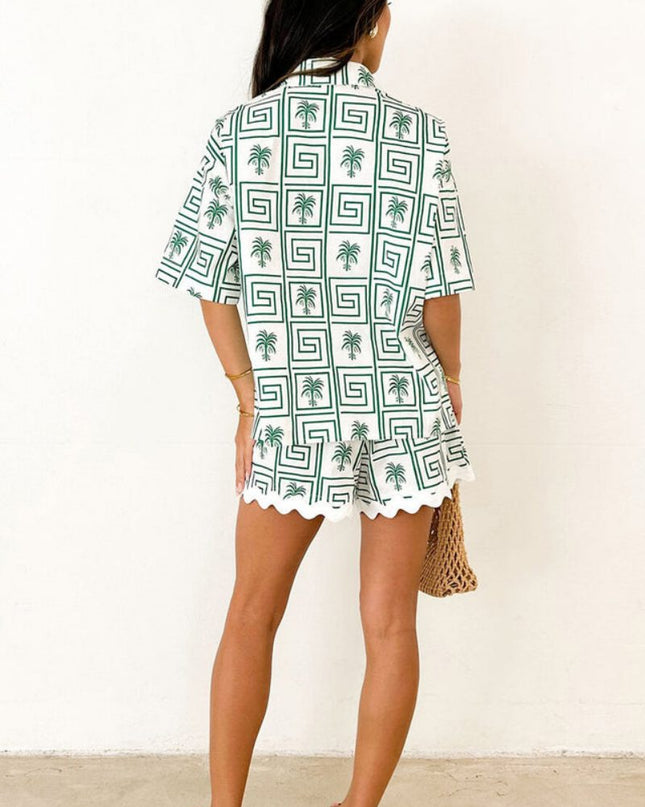 Gömlek Yaka Yaz Botanik Baskı Tatil Günlük Takım