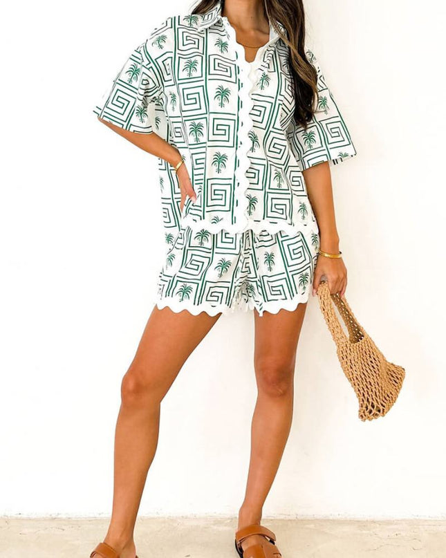 Gömlek Yaka Yaz Botanik Baskı Tatil Günlük Takım