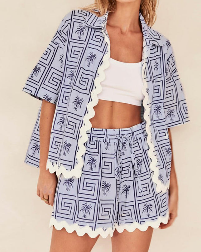 Gömlek Yaka Yaz Botanik Baskı Tatil Günlük Takım