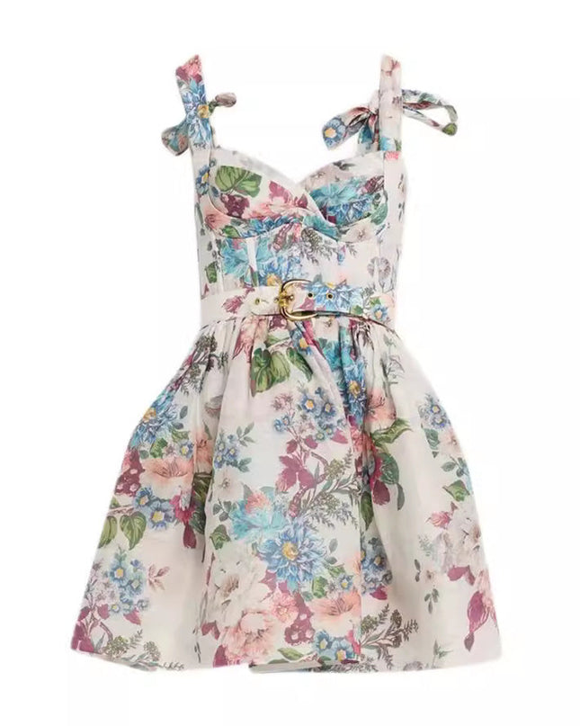 Ophelia Floreal Baskılı Kemerli Mini Elbise