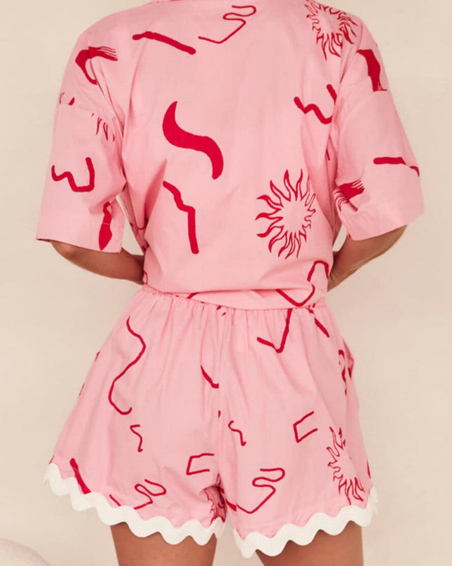 Kısa Kollu Baskılı Tatil Günlük İki Parçalı Set