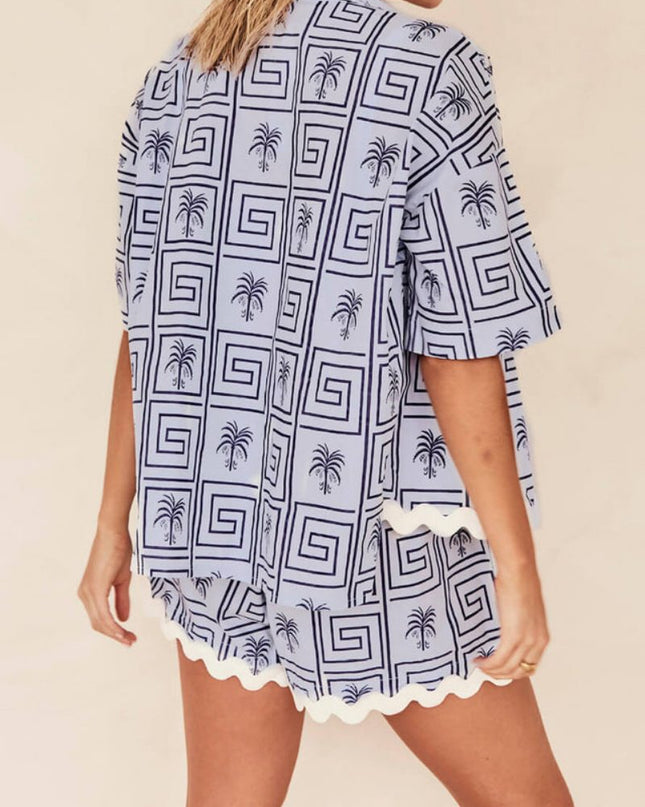 Gömlek Yaka Yaz Botanik Baskı Tatil Günlük Takım