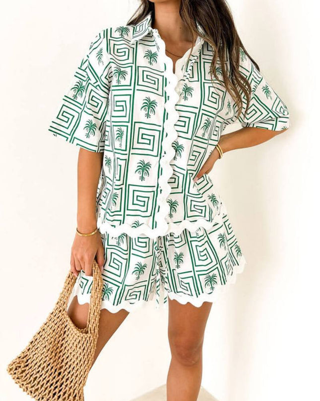 Gömlek Yaka Yaz Botanik Baskı Tatil Günlük Takım