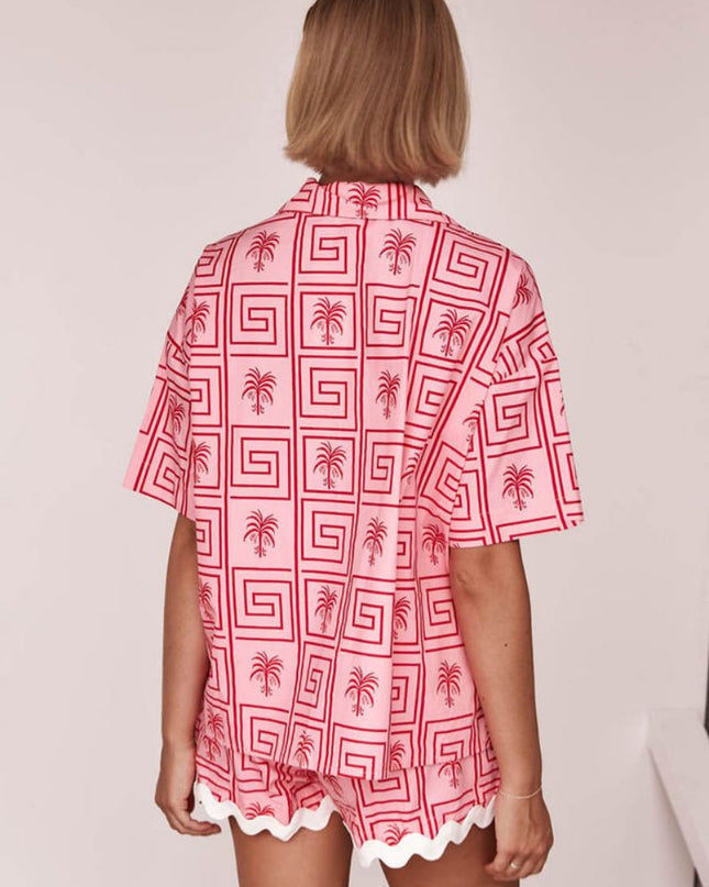 Gömlek Yaka Yaz Botanik Baskı Tatil Günlük Takım