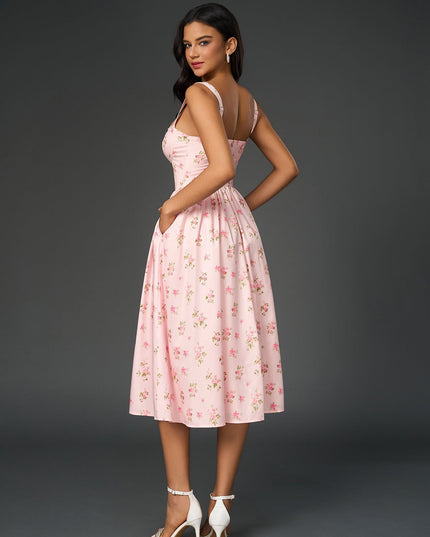 Yırtmaç Detaylı Çiçek Desenli Korse Formlu Elbise