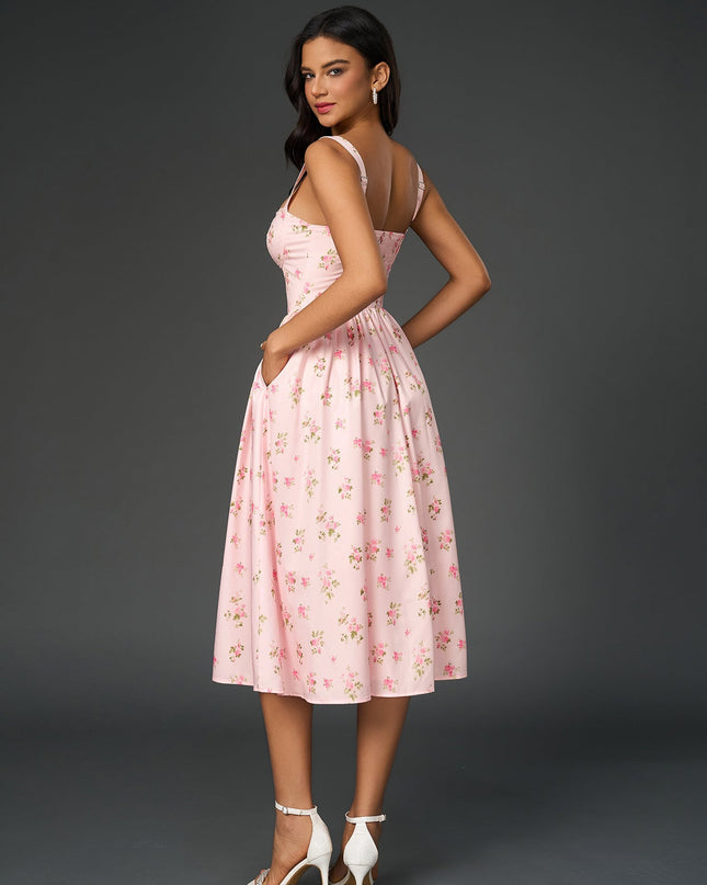 Yırtmaç Detaylı Çiçek Desenli Korse Formlu Elbise