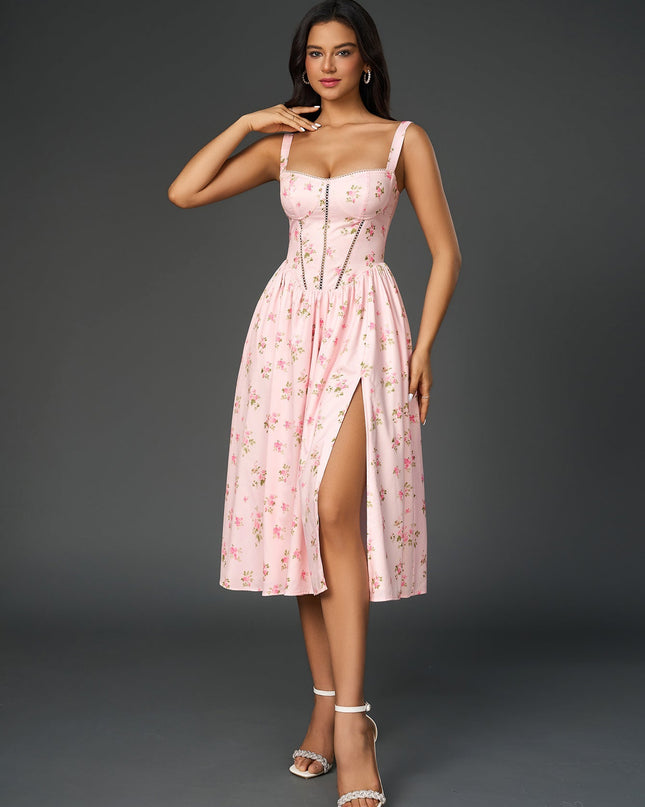 Yırtmaç Detaylı Çiçek Desenli Korse Formlu Elbise