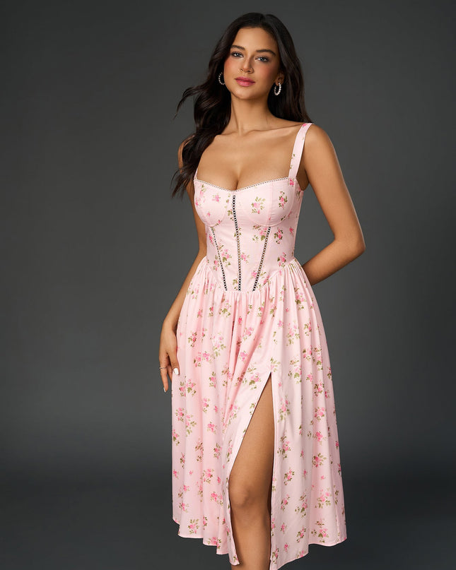 Yırtmaç Detaylı Çiçek Desenli Korse Formlu Elbise