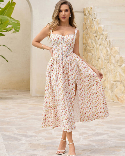 Yırtmaç Detaylı Çiçek Desenli Korse Formlu Elbise