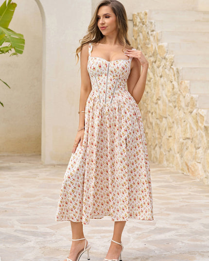 Yırtmaç Detaylı Çiçek Desenli Korse Formlu Elbise