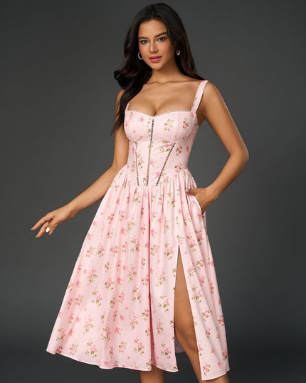 Yırtmaç Detaylı Çiçek Desenli Korse Formlu Elbise