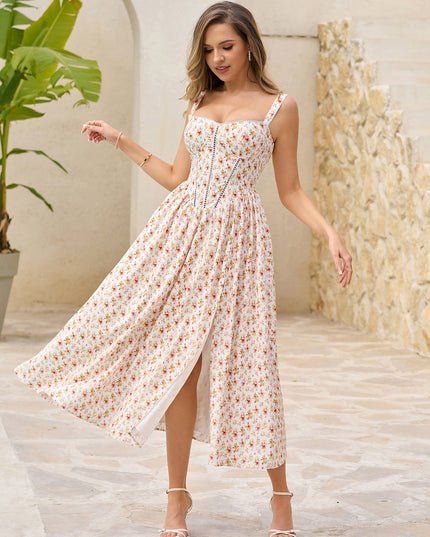 Yırtmaç Detaylı Çiçek Desenli Korse Formlu Elbise