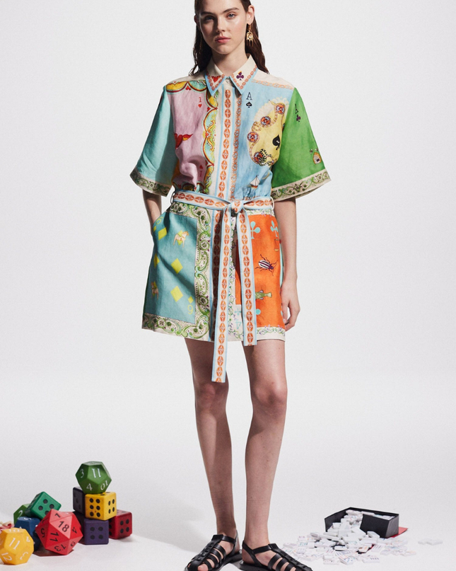 Prunelle Patchwork Poker Baskılı Mini Elbise