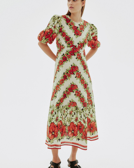 Rosalinde Yuvarlak Yaka Çiçekli Uzun Elbise Kırmızı