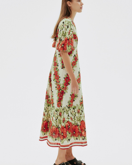 Rosalinde Yuvarlak Yaka Çiçekli Uzun Elbise Kırmızı