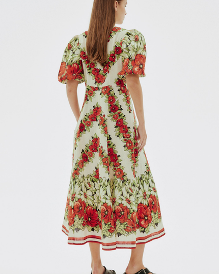 Rosalinde Yuvarlak Yaka Çiçekli Uzun Elbise Kırmızı