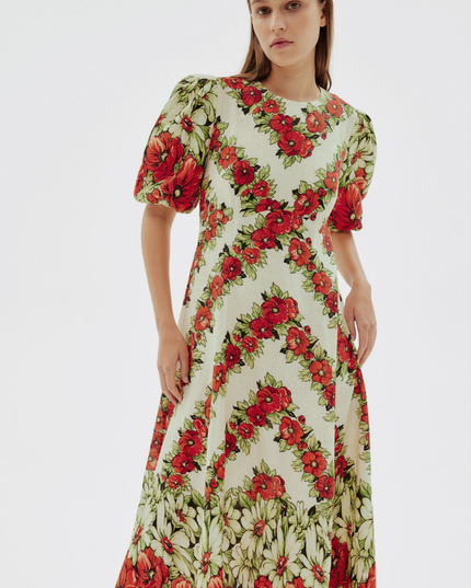 Rosalinde Yuvarlak Yaka Çiçekli Uzun Elbise Kırmızı