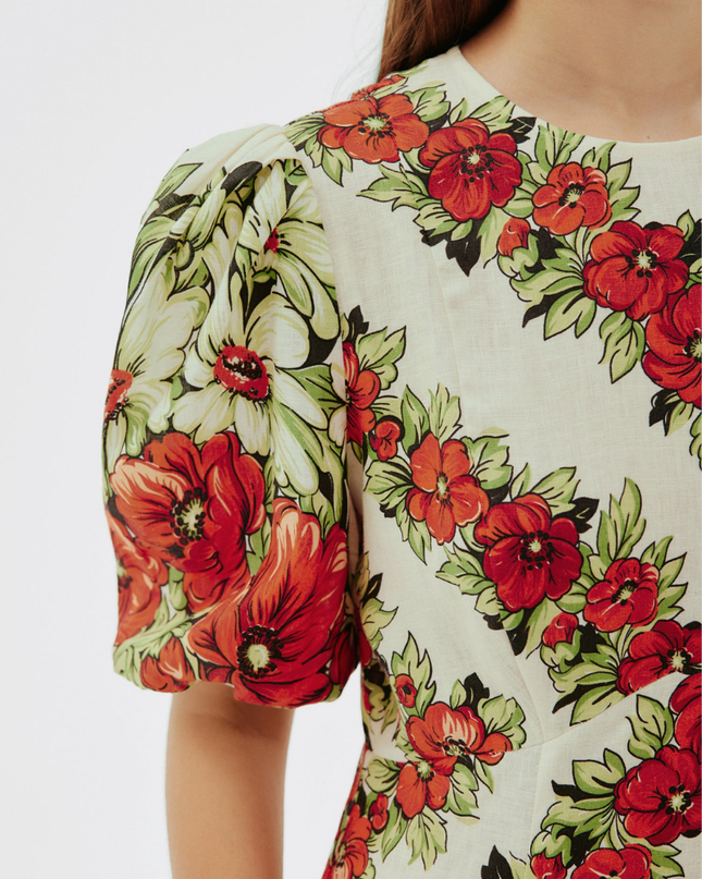 Rosalinde Yuvarlak Yaka Çiçekli Uzun Elbise Kırmızı