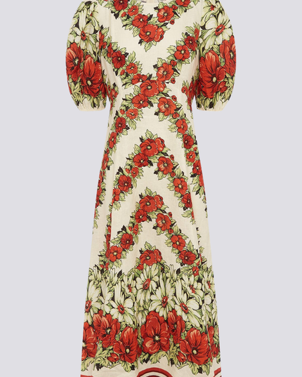 Rosalinde Yuvarlak Yaka Çiçekli Uzun Elbise Kırmızı