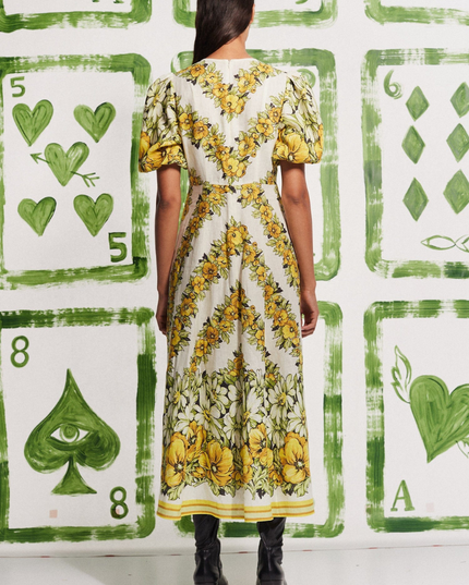 Rosalinde Yuvarlak Yaka Çiçekli Uzun Elbise Sarı