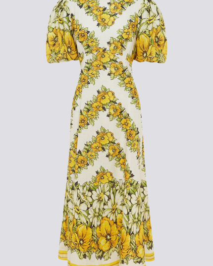 Rosalinde Yuvarlak Yaka Çiçekli Uzun Elbise Sarı