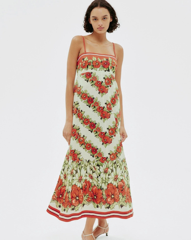 Tristane Spagetti Çiçekli Uzun Elbise Kırmızı