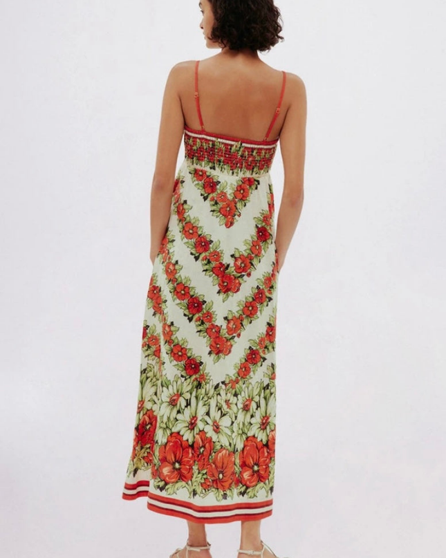 Tristane Spagetti Çiçekli Uzun Elbise Kırmızı
