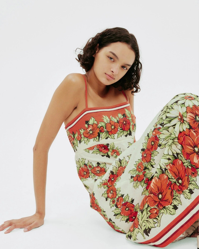 Tristane Spagetti Çiçekli Uzun Elbise Kırmızı