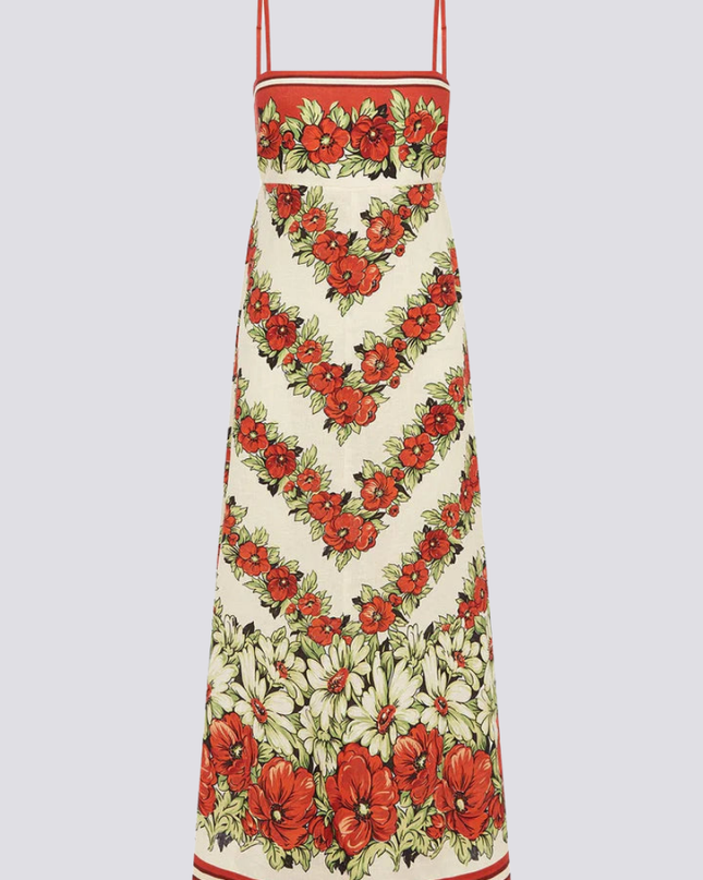 Tristane Spagetti Çiçekli Uzun Elbise Kırmızı