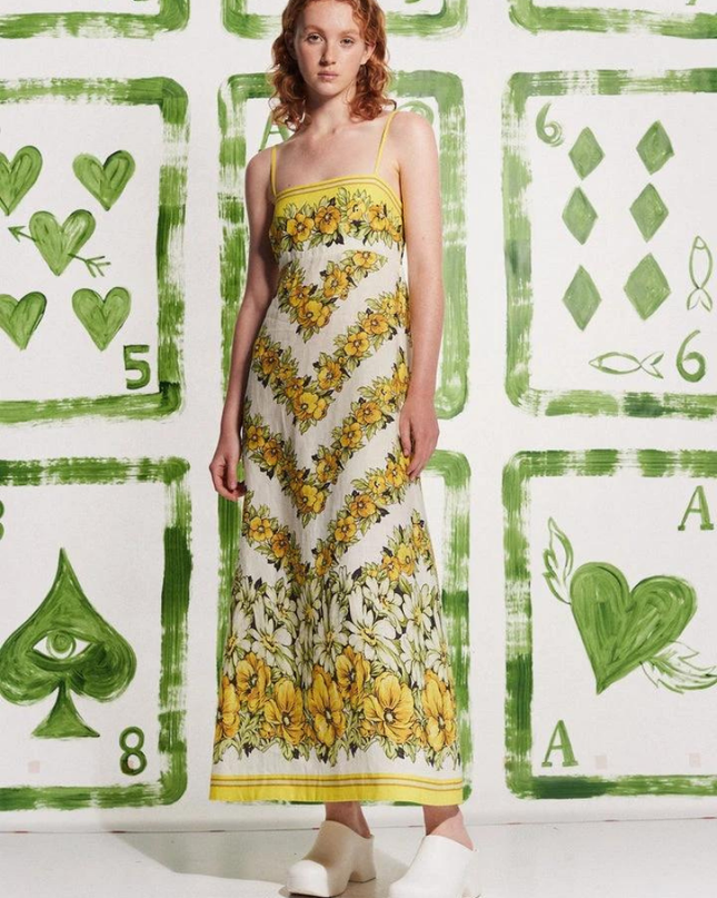 Tristane Spagetti Çiçekli Uzun Elbise Sarı