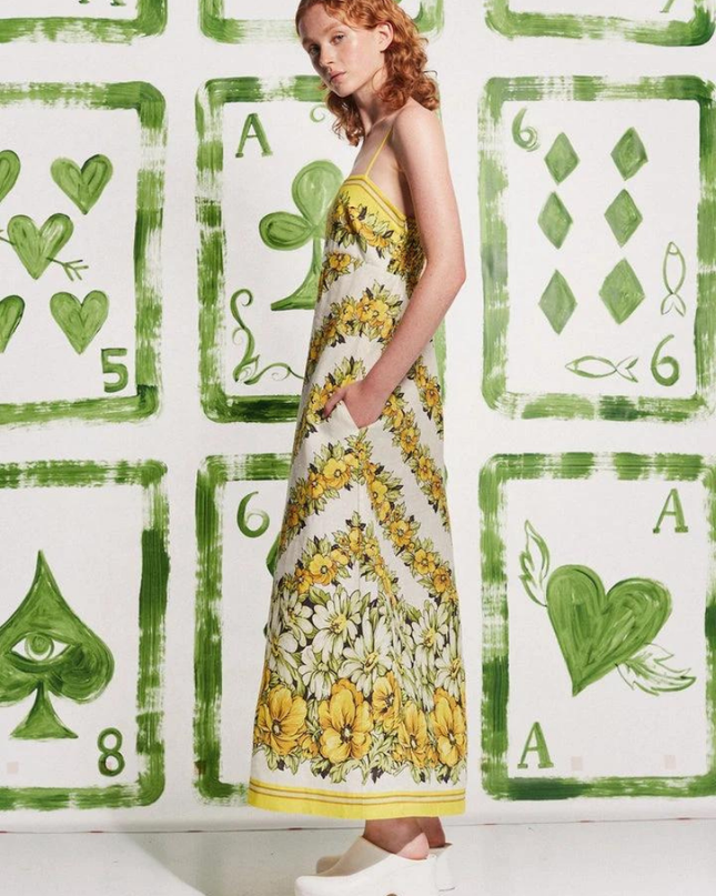 Tristane Spagetti Çiçekli Uzun Elbise Sarı