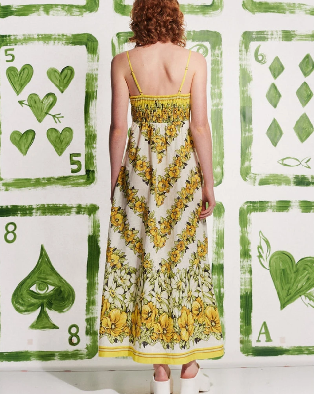 Tristane Spagetti Çiçekli Uzun Elbise Sarı