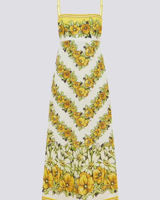 Tristane Spagetti Çiçekli Uzun Elbise Sarı