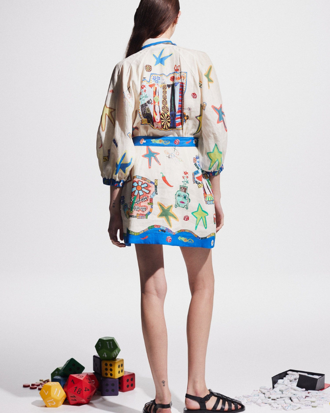 Valence Balon Kol Baskılı Mini Elbise