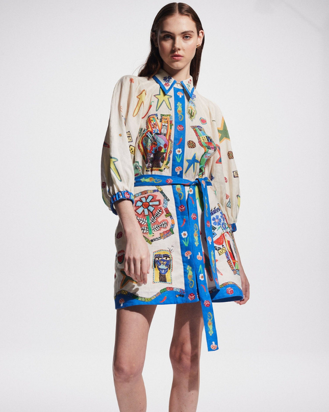 Valence Balon Kol Baskılı Mini Elbise