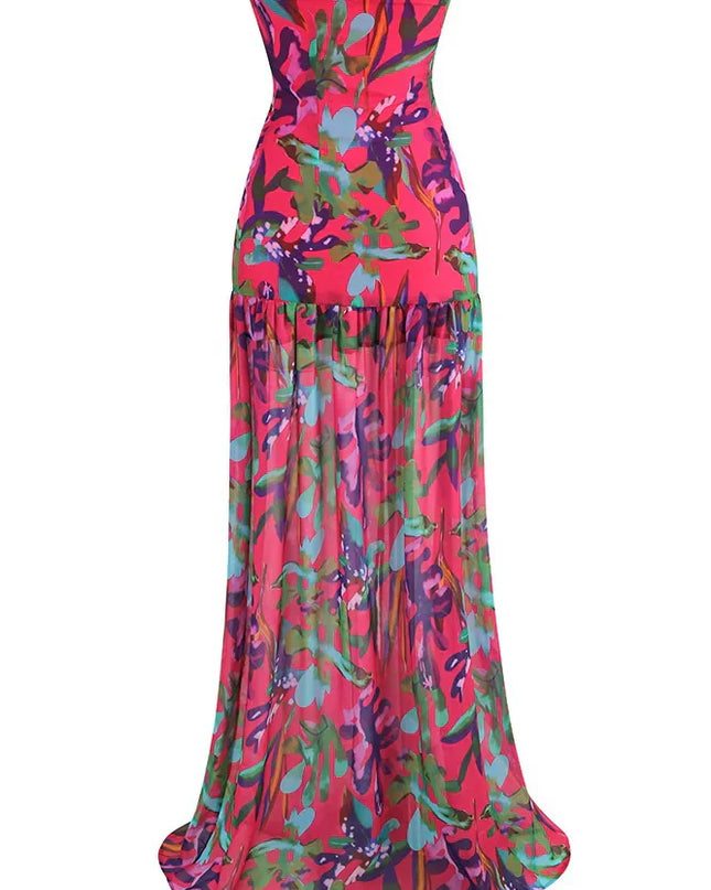 Pam Baskılı Straplez Yırtmaçlı Uzun Elbise